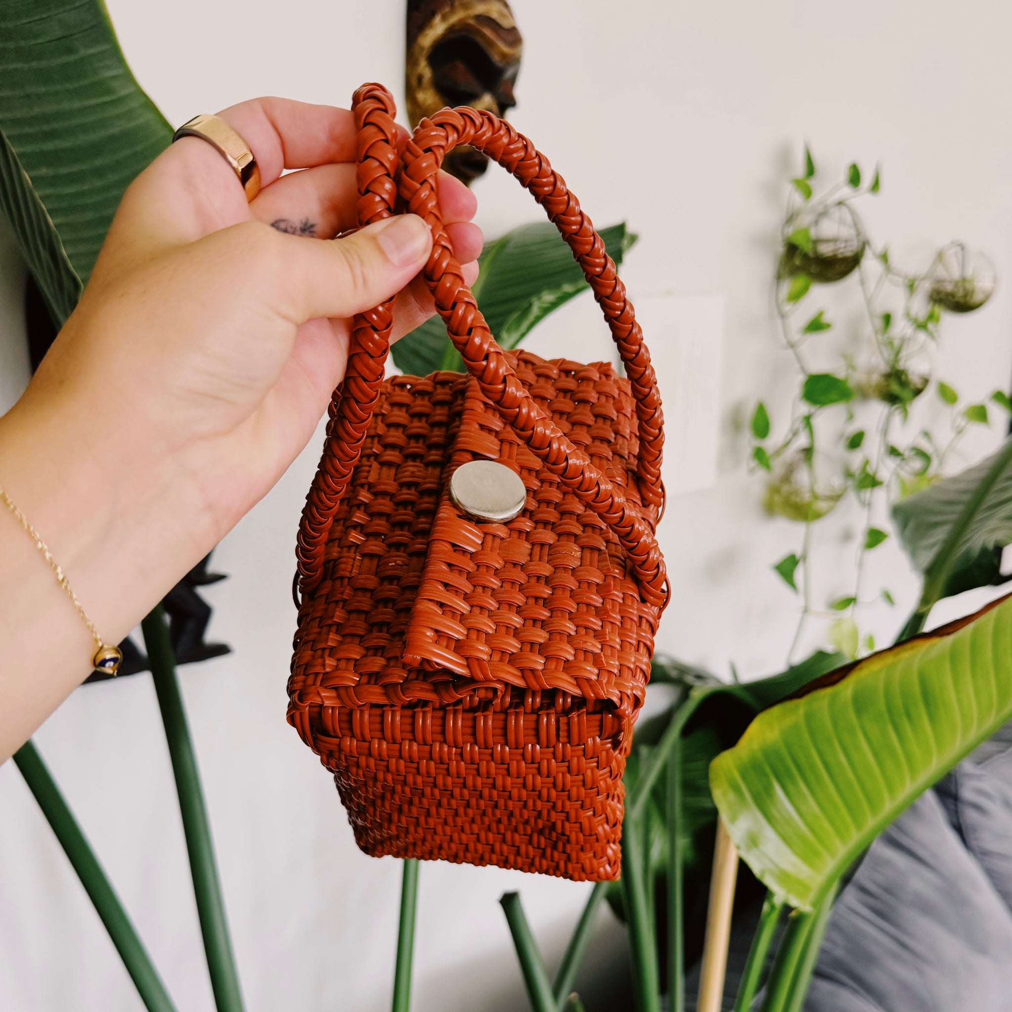 Square Clay Mexican Plastic Tote Purse 5x7 in