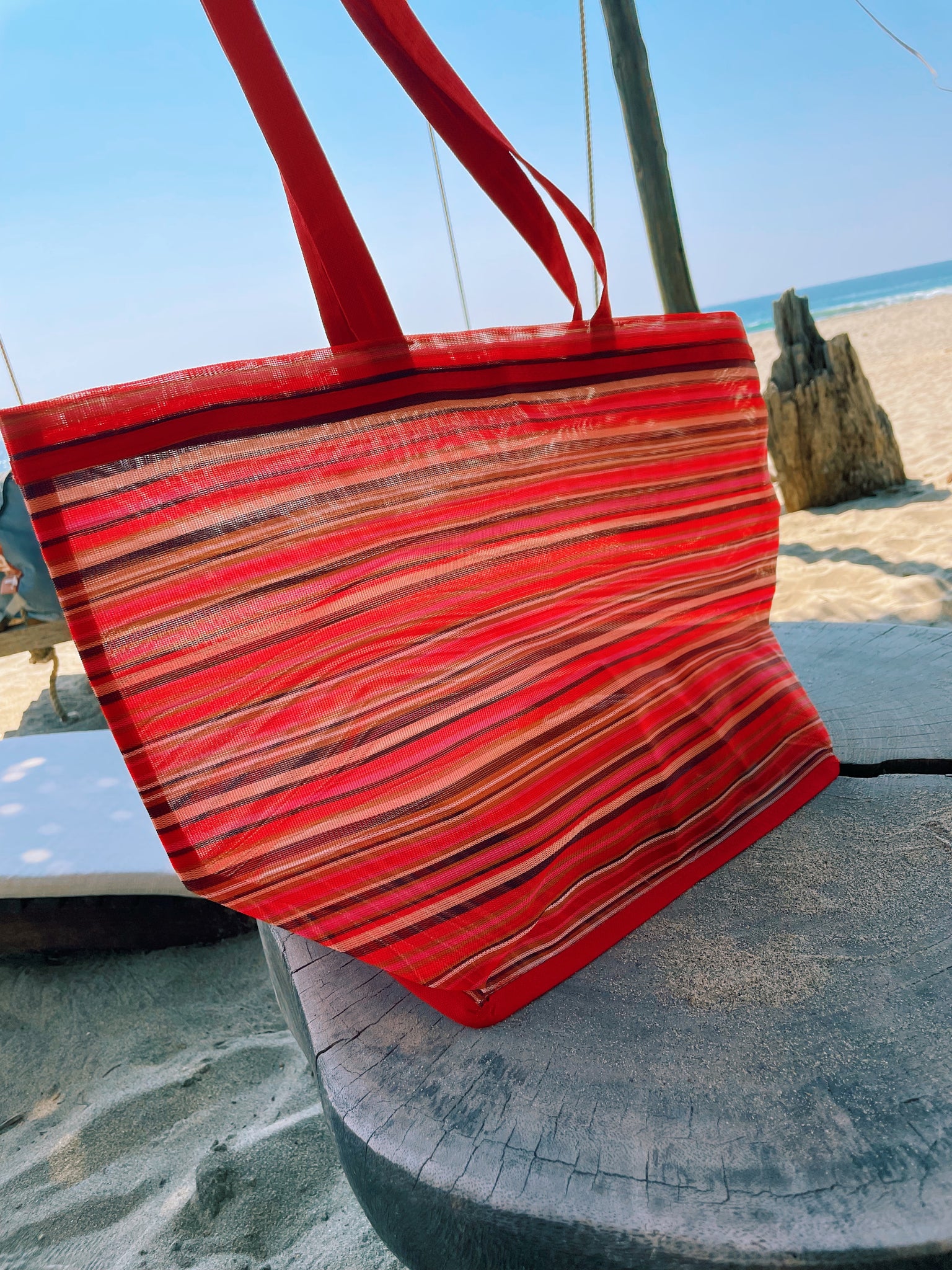 Beach Bag Fabric Strap Mexican Plastic Tote Beach Bag 20 x 15 in Pura Vida