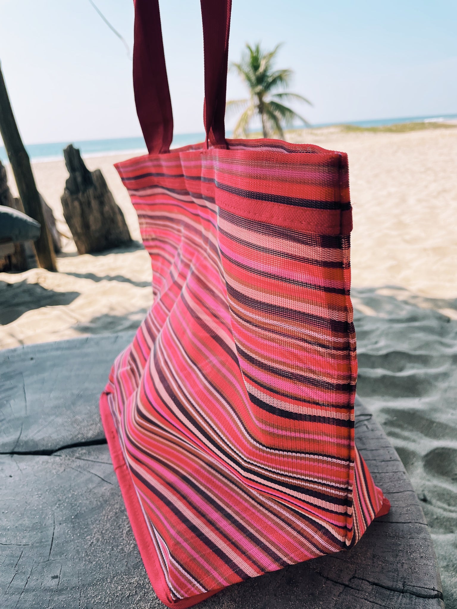 Beach Bag Fabric Strap Mexican Plastic Tote Beach Bag 20 x 15 in Pura Vida