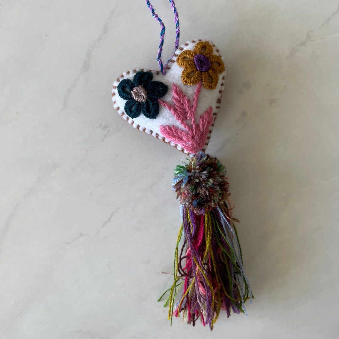Small Embroidered flowers tassel | heart charm | Christmas Tree Ornament Pura Vida