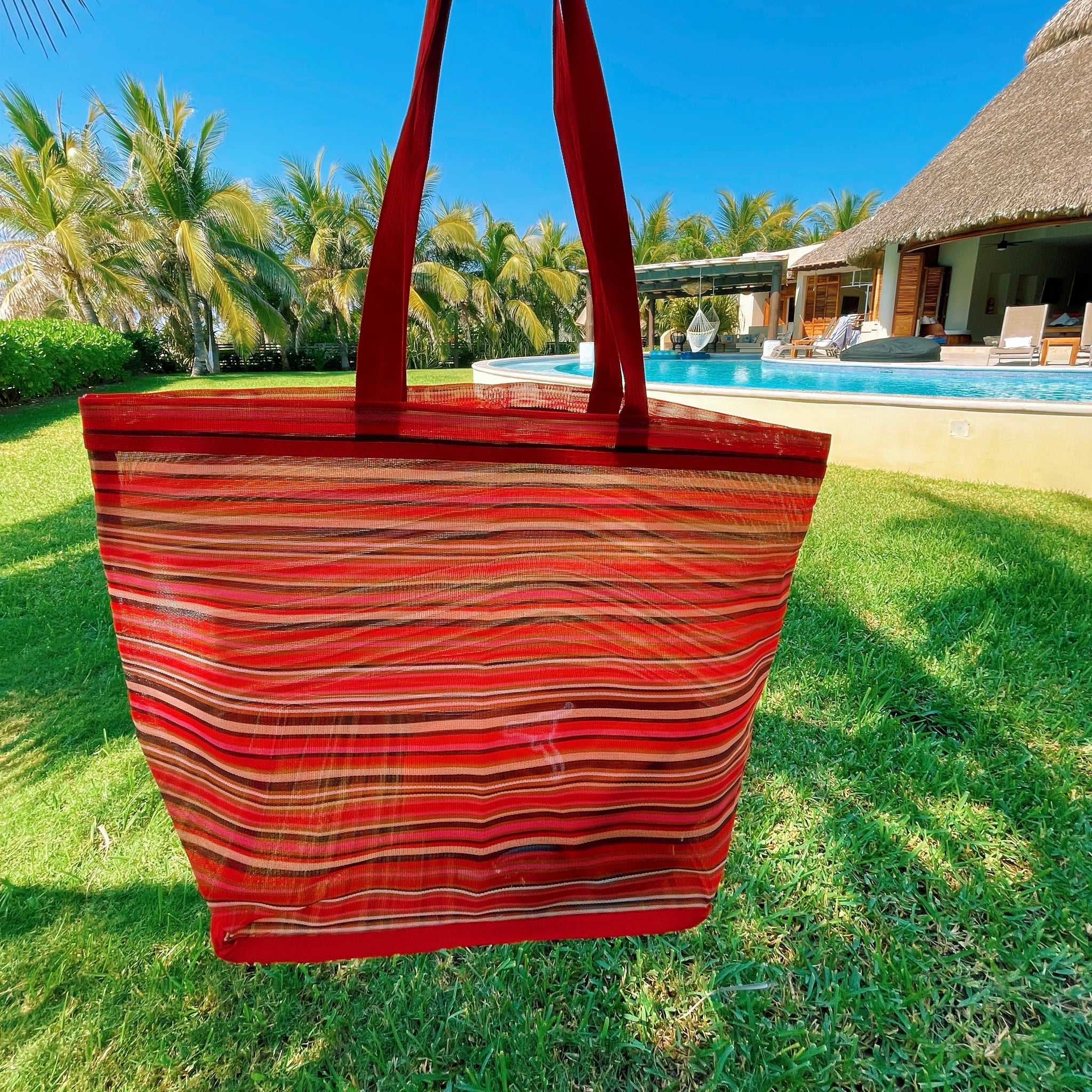 Beach Bag Fabric Strap Mexican Plastic Tote Beach Bag 20 x 15 in Pura Vida