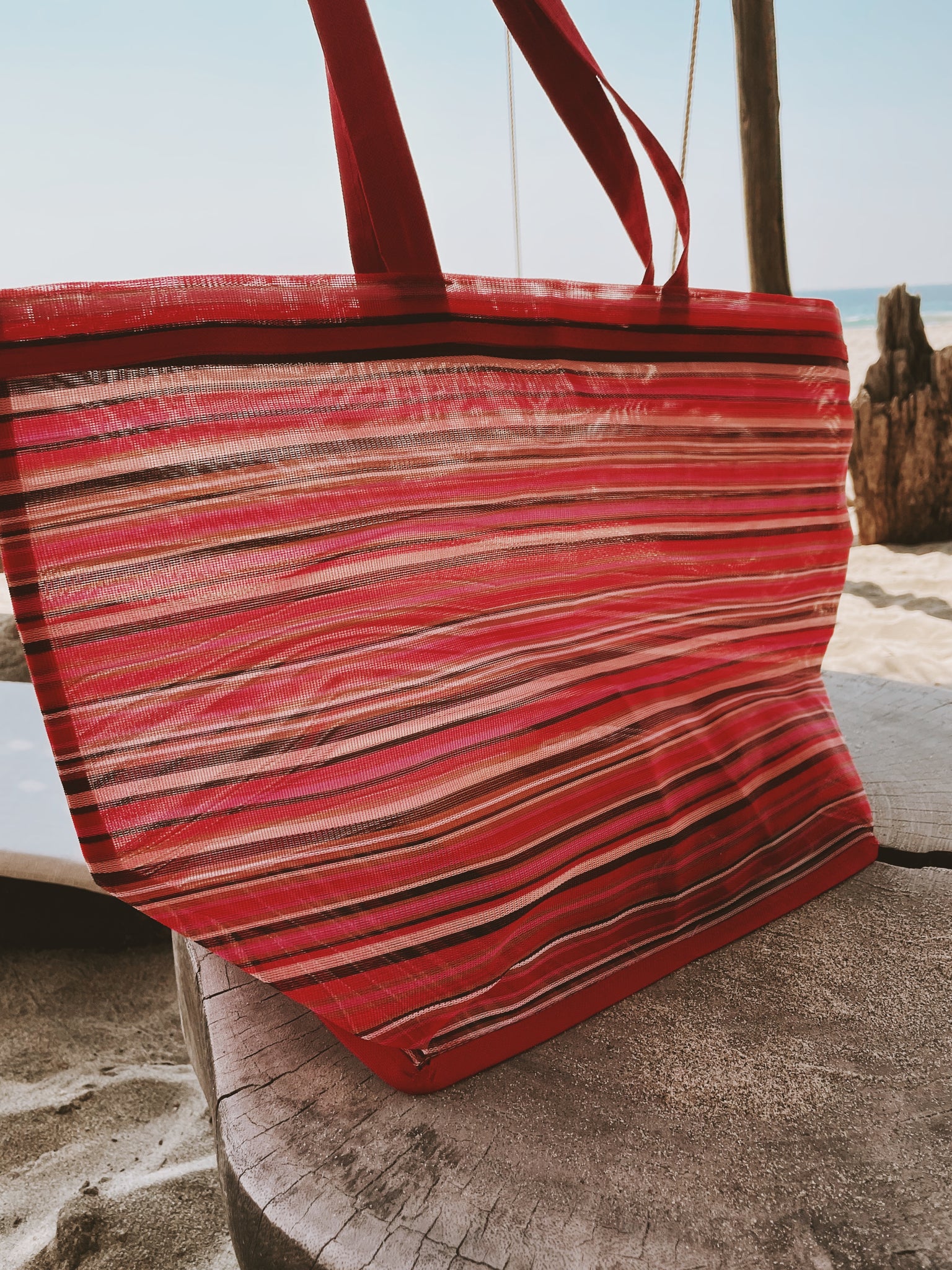 Beach Bag Fabric Strap Mexican Plastic Tote Beach Bag 20 x 15 in Pura Vida