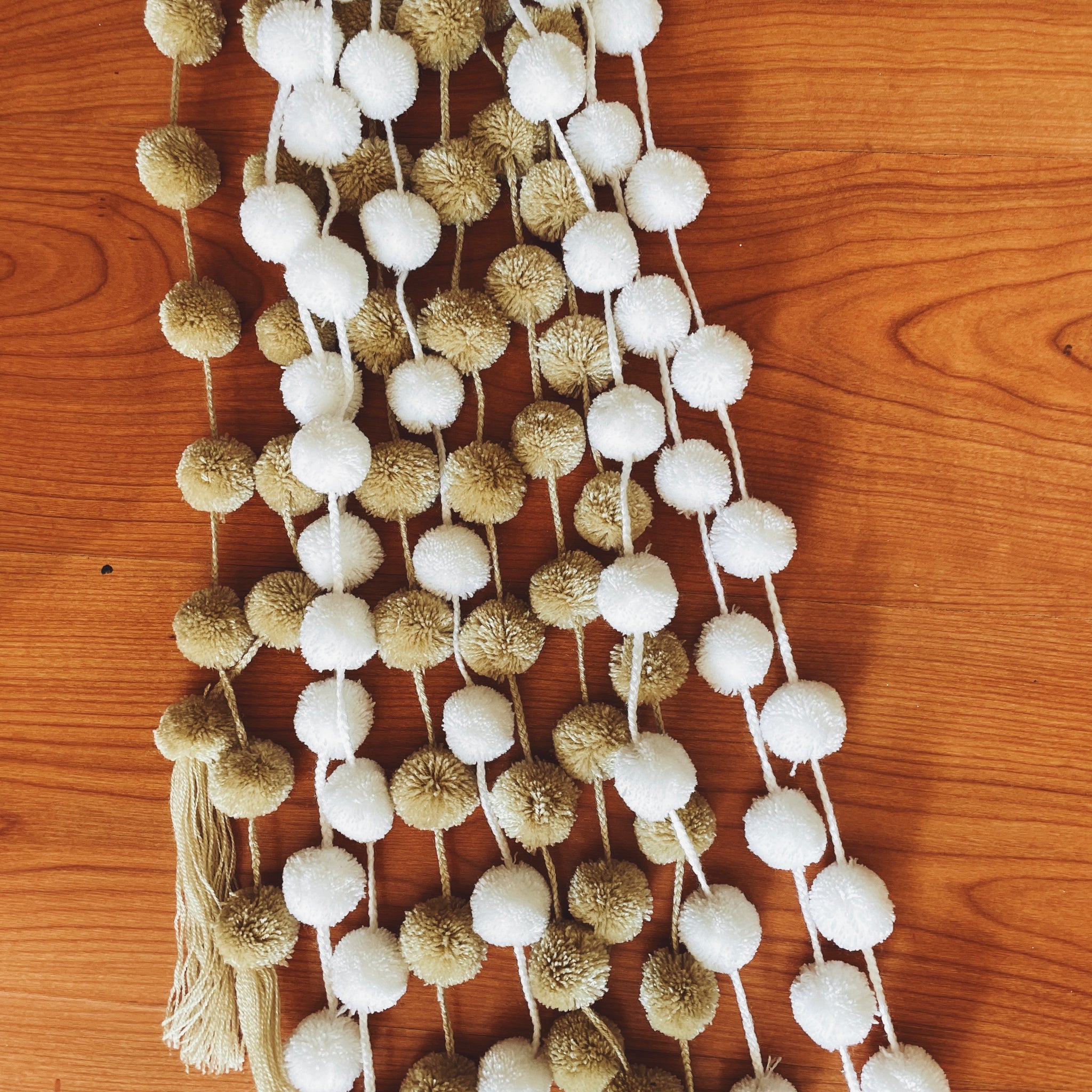 White and Beige Curtain pompom tassels long cord | colorful charm | christmas tree decor| mexican pompom | Pura Vida