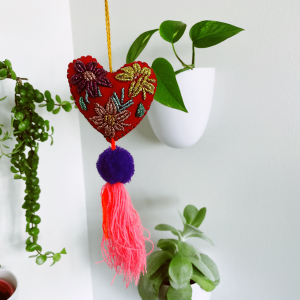 Large Embroidered flowers tassel | heart charm | glitter tassel | mexican pom pom Pura Vida