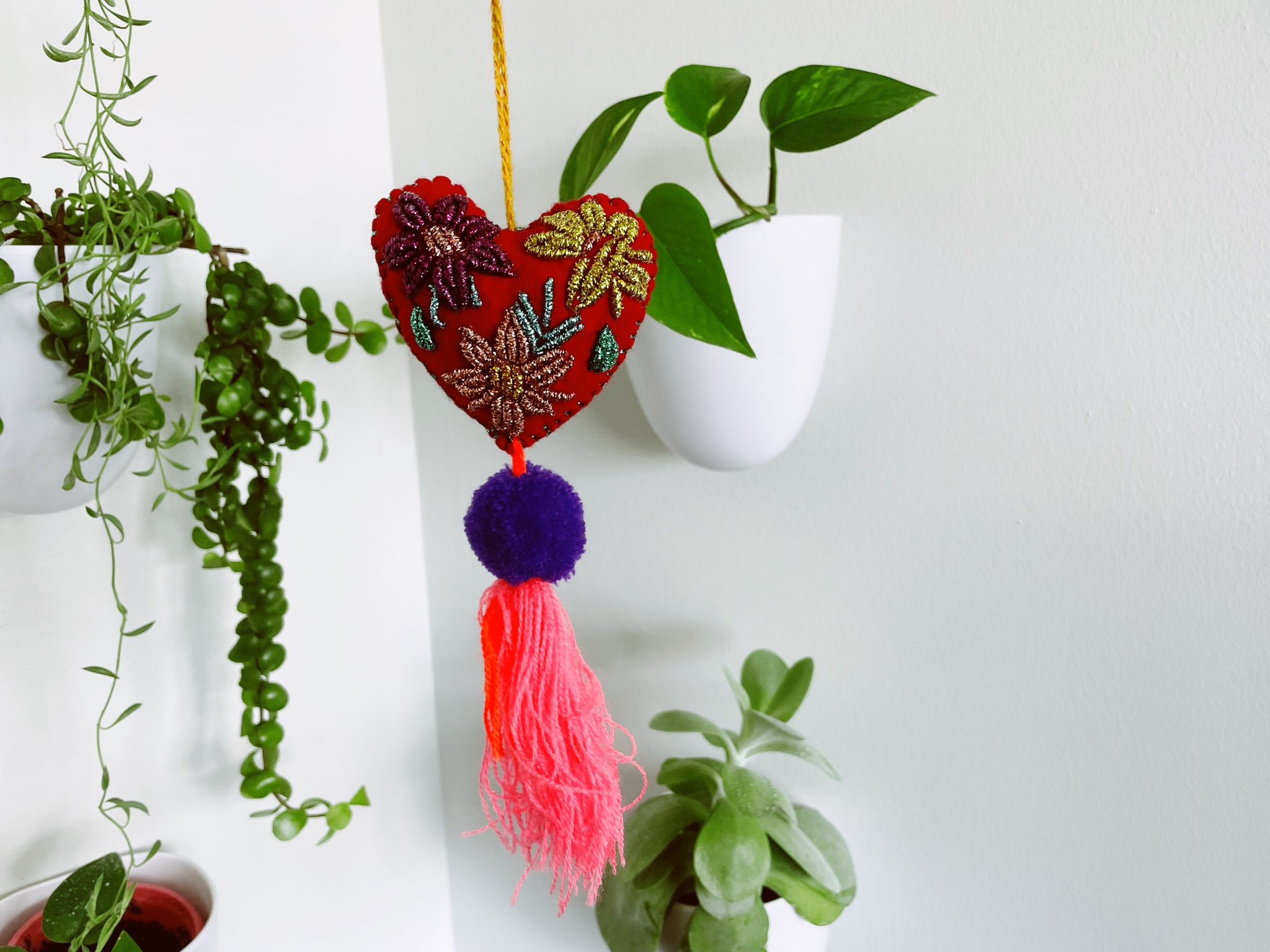 Large Embroidered flowers tassel | heart charm | glitter tassel | mexican pom pom Pura Vida