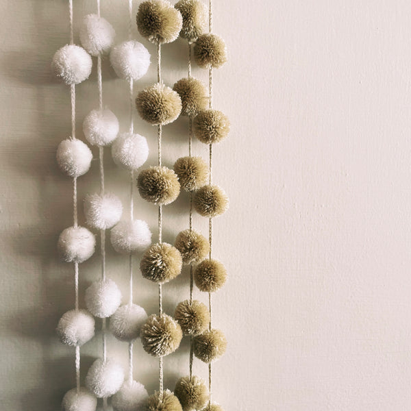 White and Beige Curtain pompom tassels long cord | colorful charm | christmas tree decor| mexican pompom | Pura Vida