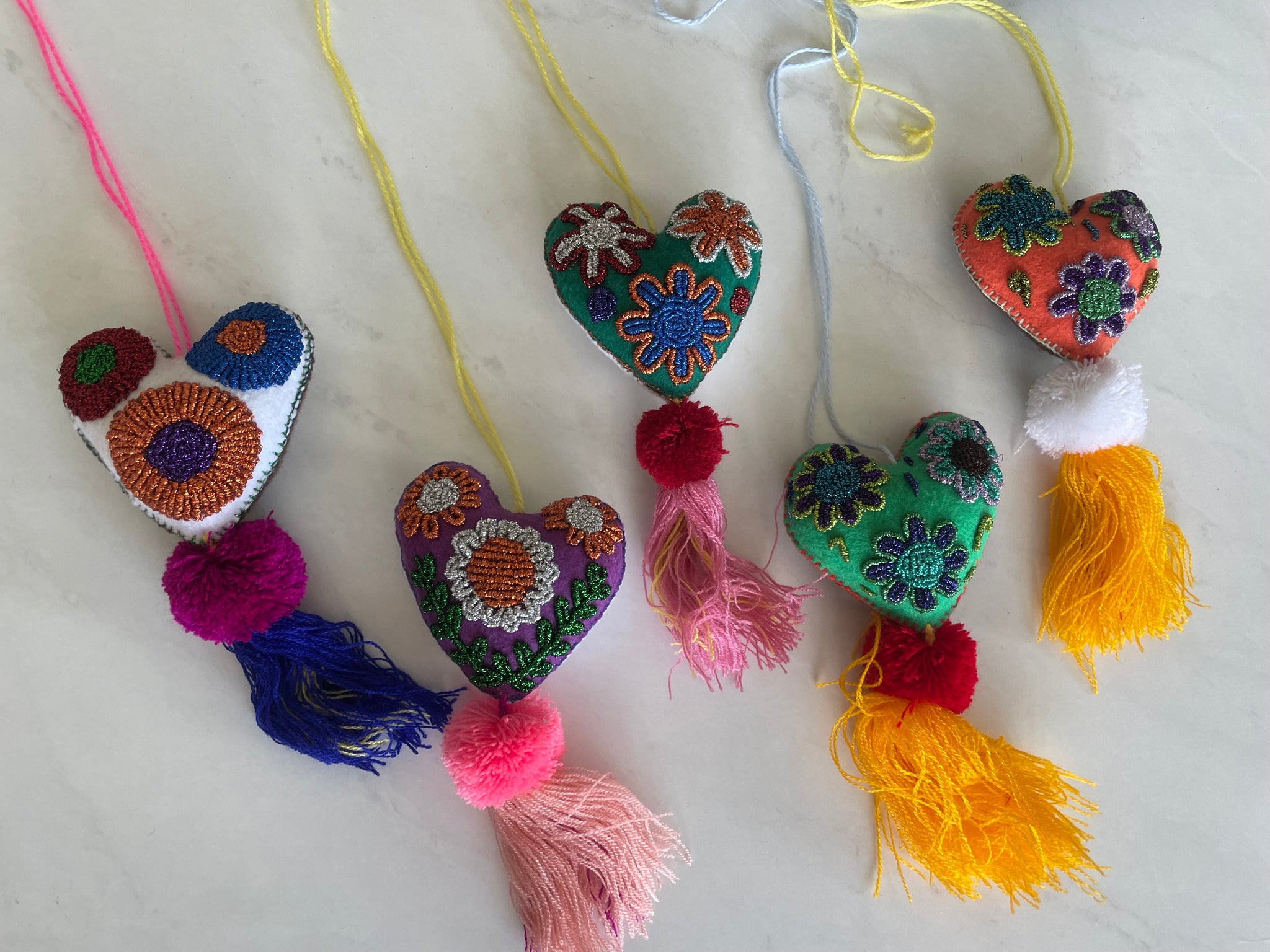 Large Embroidered flowers tassel | heart charm | glitter tassel | mexican pom pom Pura Vida