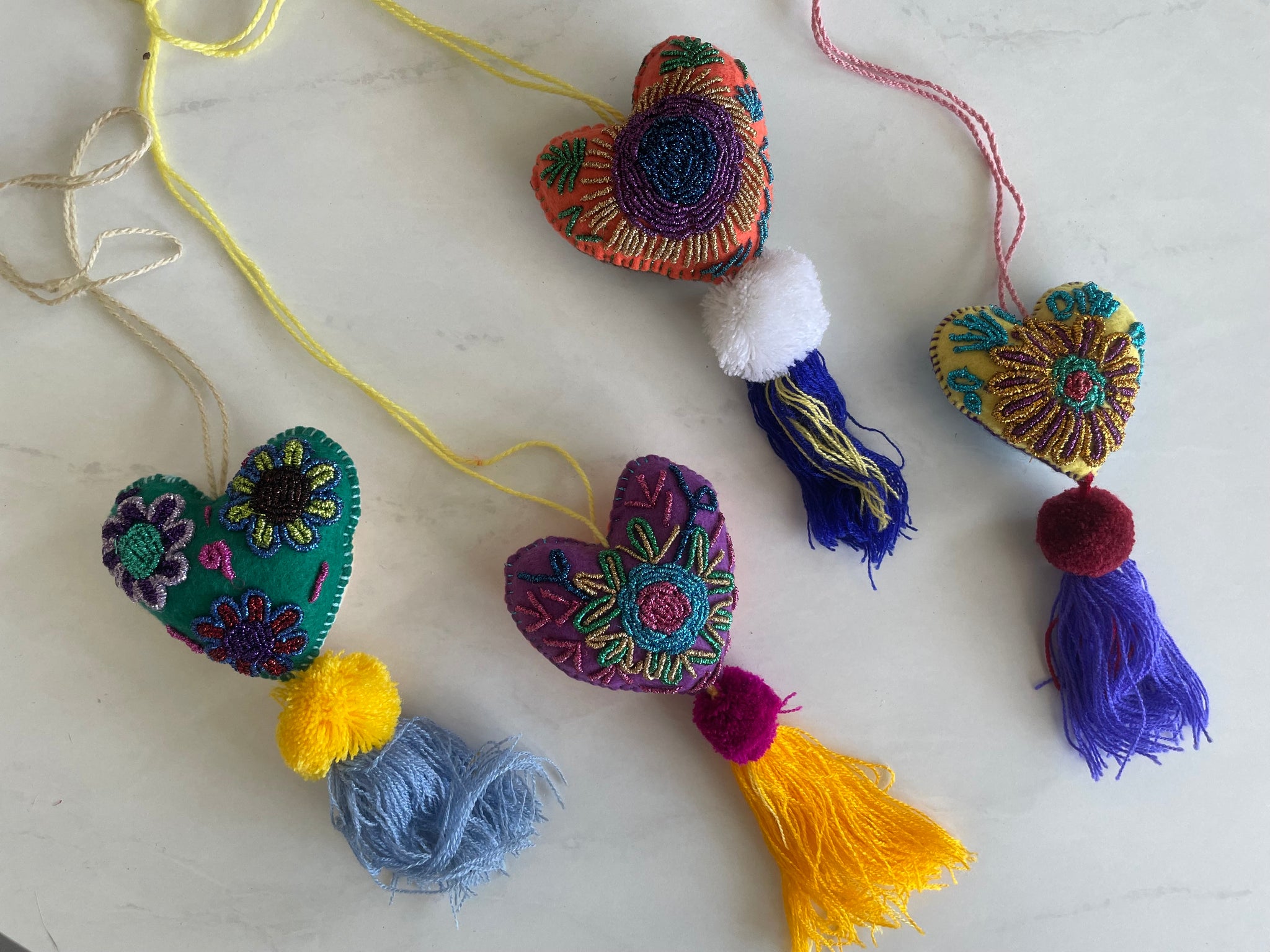 Large Embroidered flowers tassel | heart charm | glitter tassel | mexican pom pom Pura Vida
