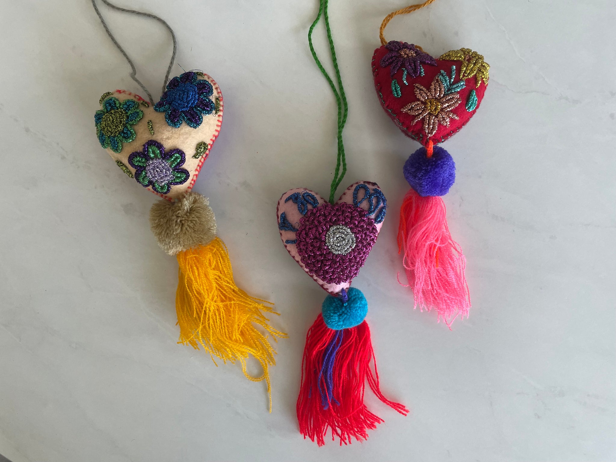 Large Embroidered flowers tassel | heart charm | glitter tassel | mexican pom pom Pura Vida