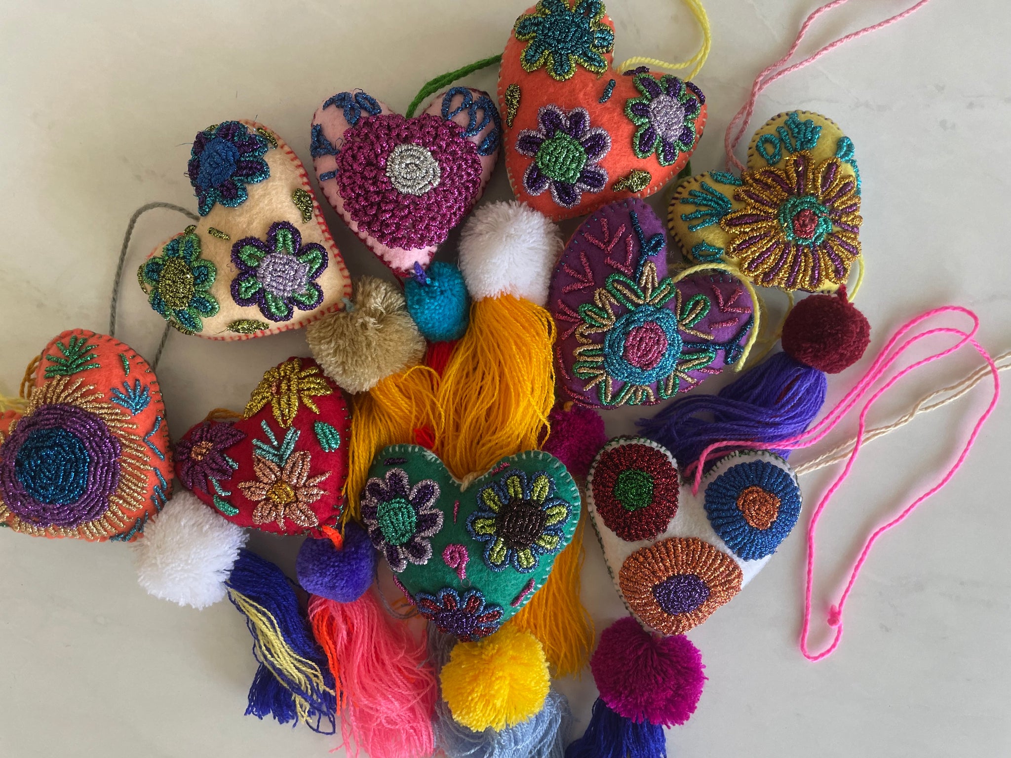 Large Embroidered flowers tassel | heart charm | glitter tassel | mexican pom pom Pura Vida