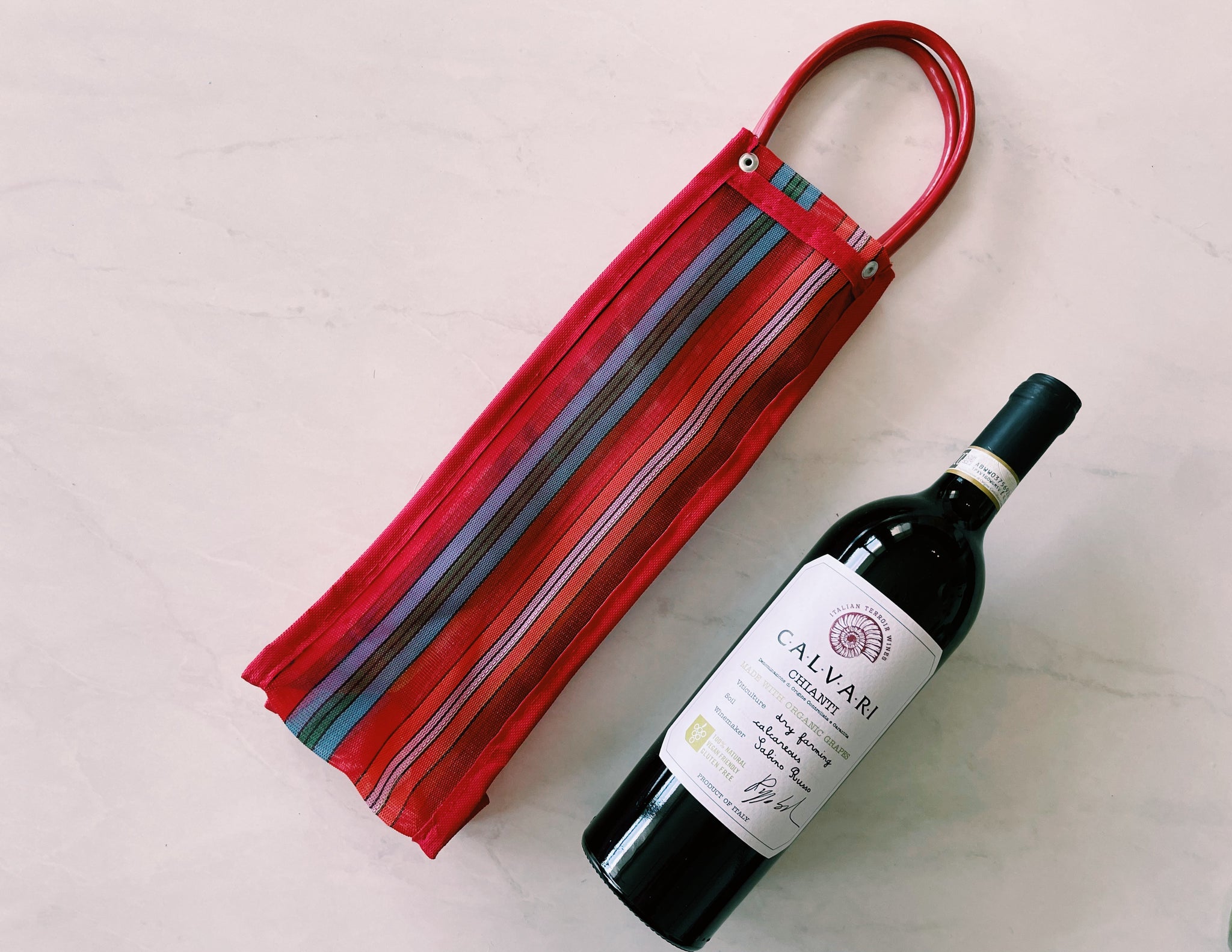 Wine Bottle Mexican Plastic Tote 14 X 4.5 In Gift Bag Pura Vida