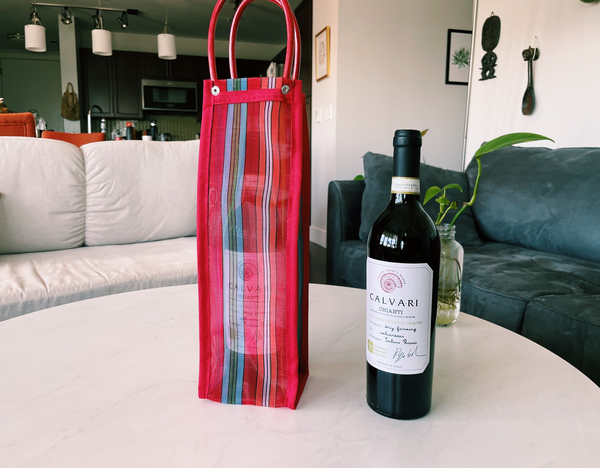 Wine Bottle Mexican Plastic Tote 14 X 4.5 In Gift Bag Pura Vida