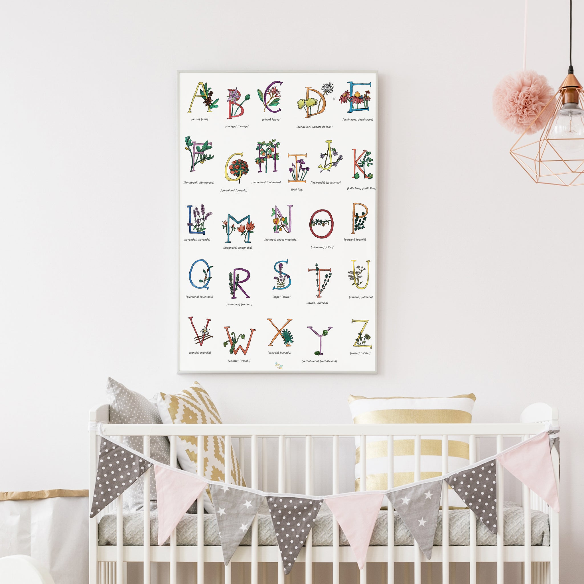Bilingual English Spanish Herbs and Plants Alphabet Nursery and Kitchen Art Print Pura Vida