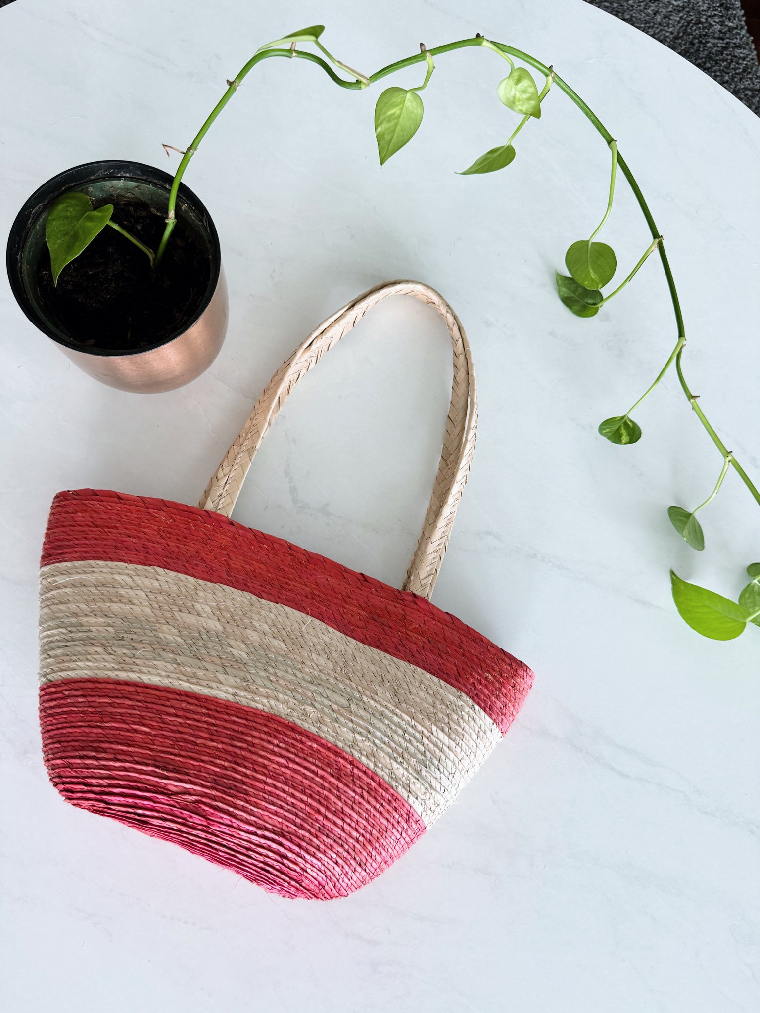 Palm straw white and red purse