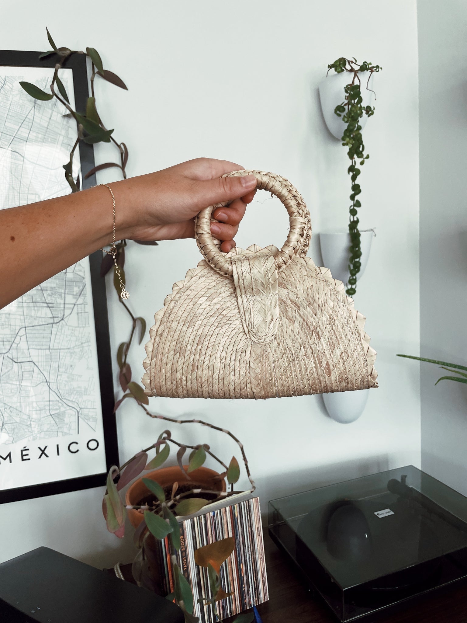 Palm straw mini purse