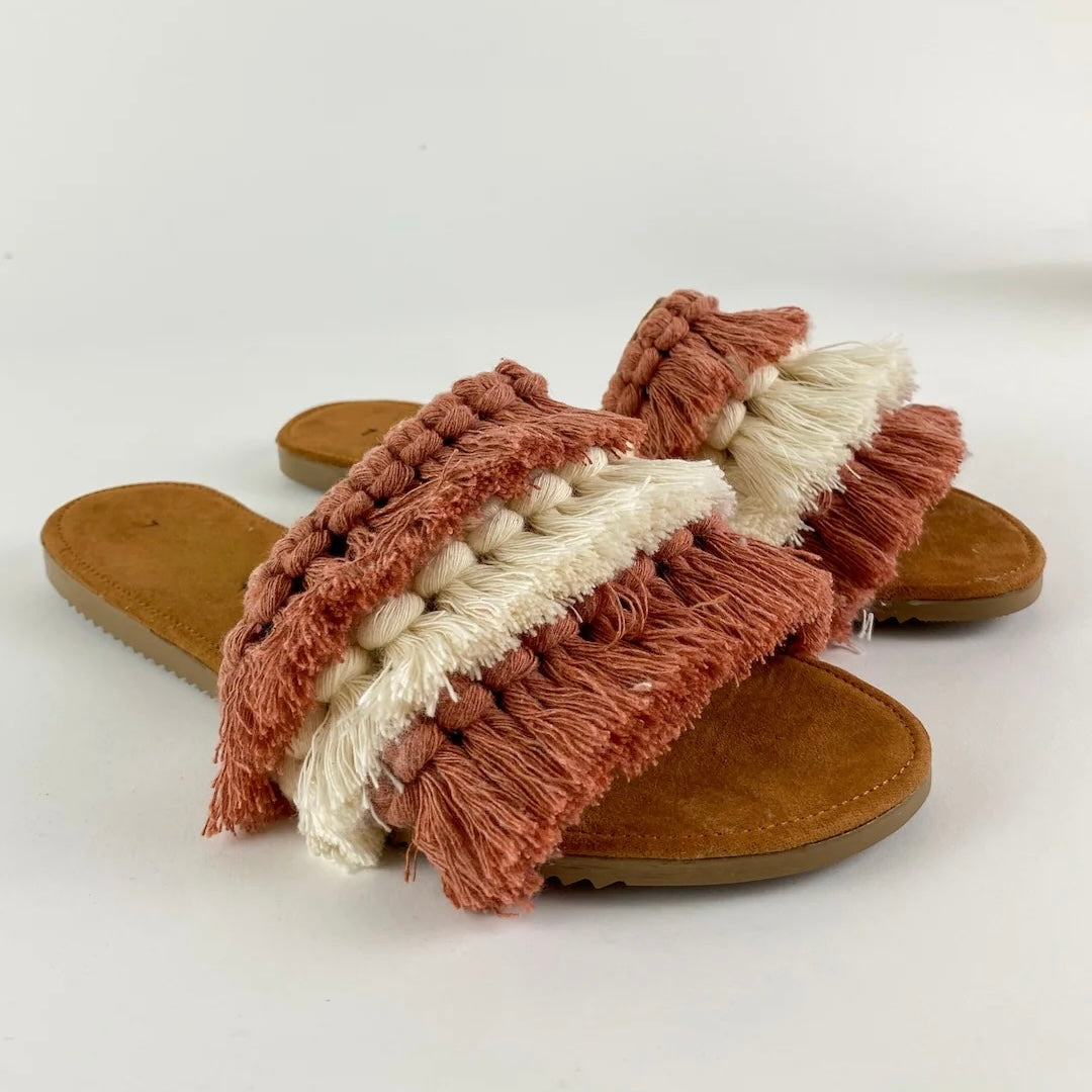 Handmade Mexican 2 Tone Cream and Dusty Rose Macrame Sandals