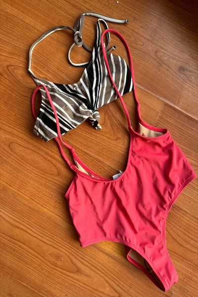 Alondra Swimsuit Beige Line Top and Coral Body