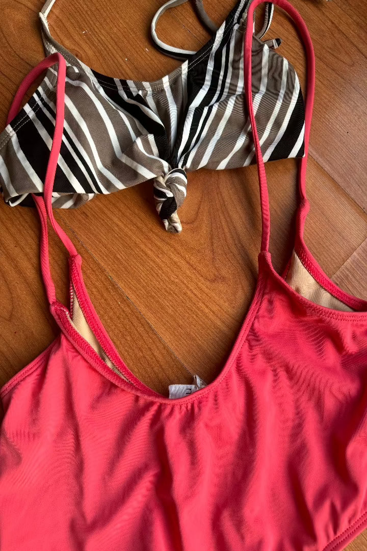 Alondra Swimsuit Beige Line Top and Coral Body