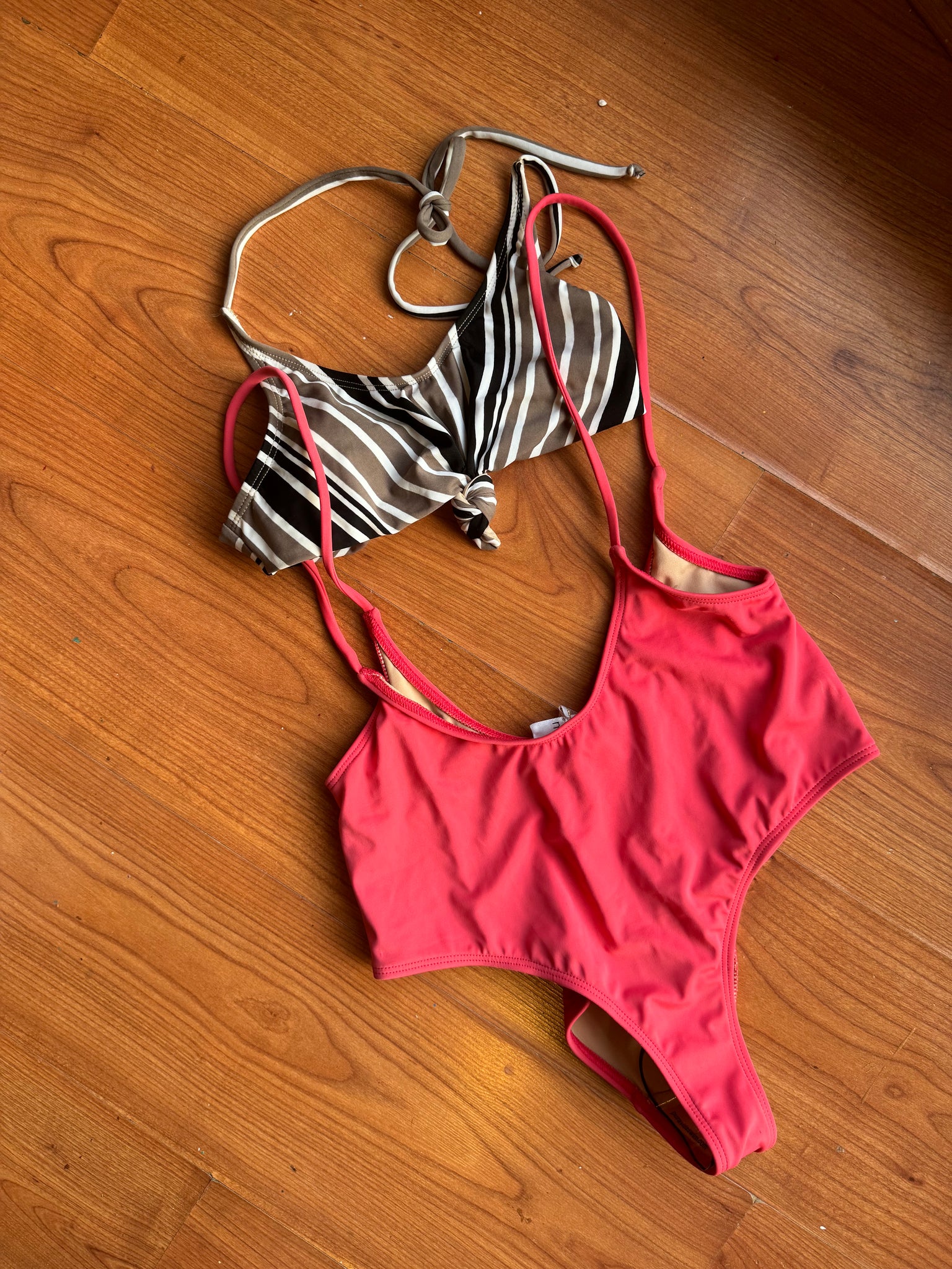 Alondra Swimsuit Beige Line Top and Coral Body