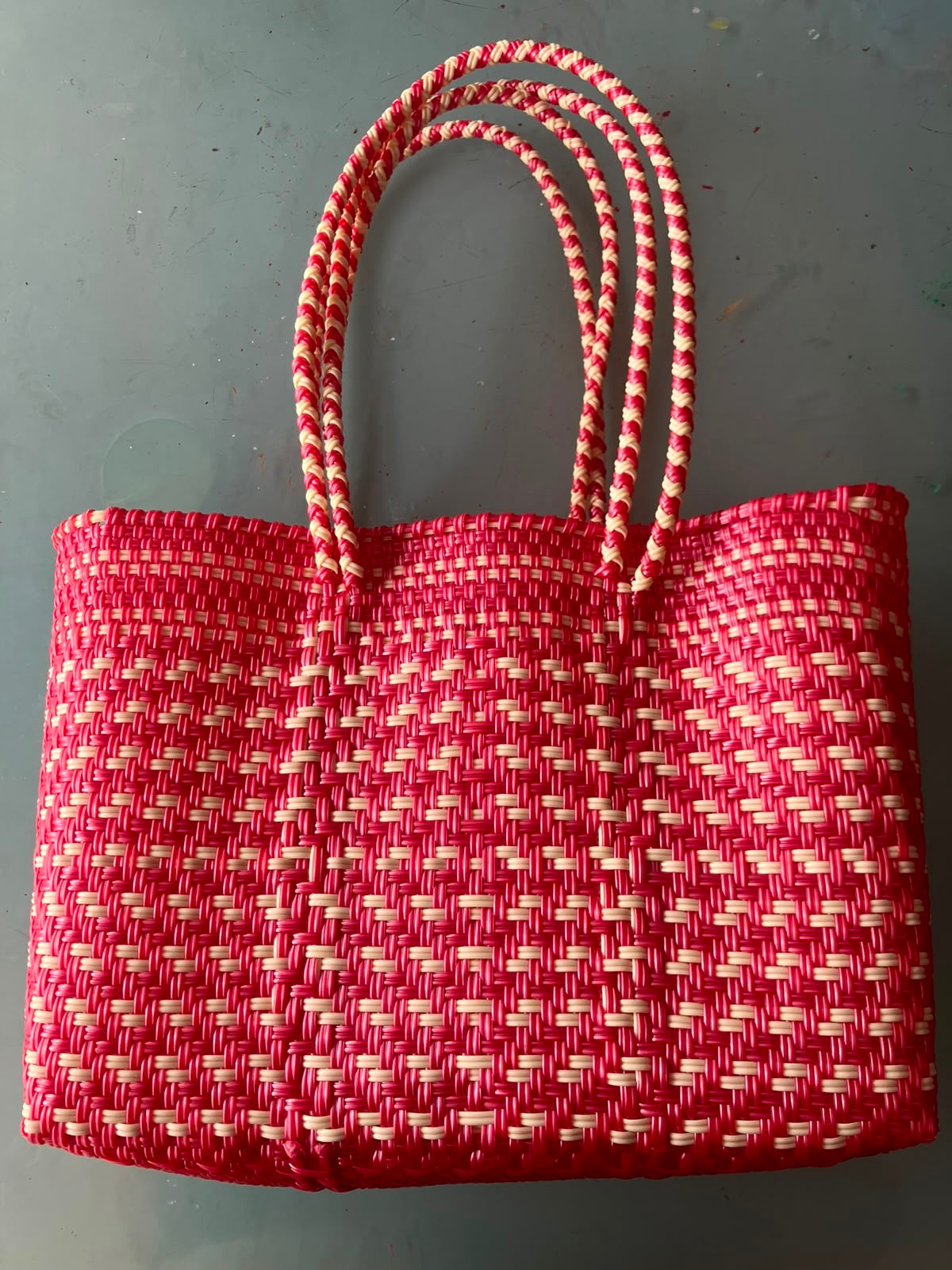 Woven Plastic Mexican Tote | Boho Chic Market Bag Beach Bag Towel Purse (12.5x9 in)