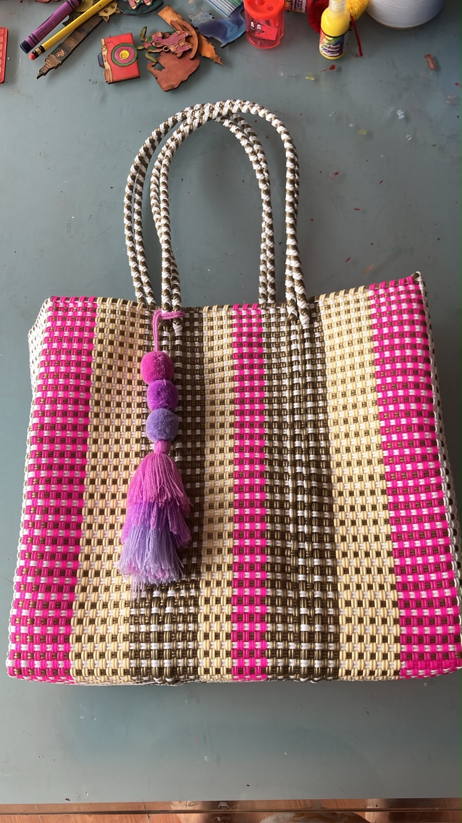Woven Plastic Mexican Tote | Boho Chic Market Bag Beach Bag Towel Purse (12.5x13.5 in)