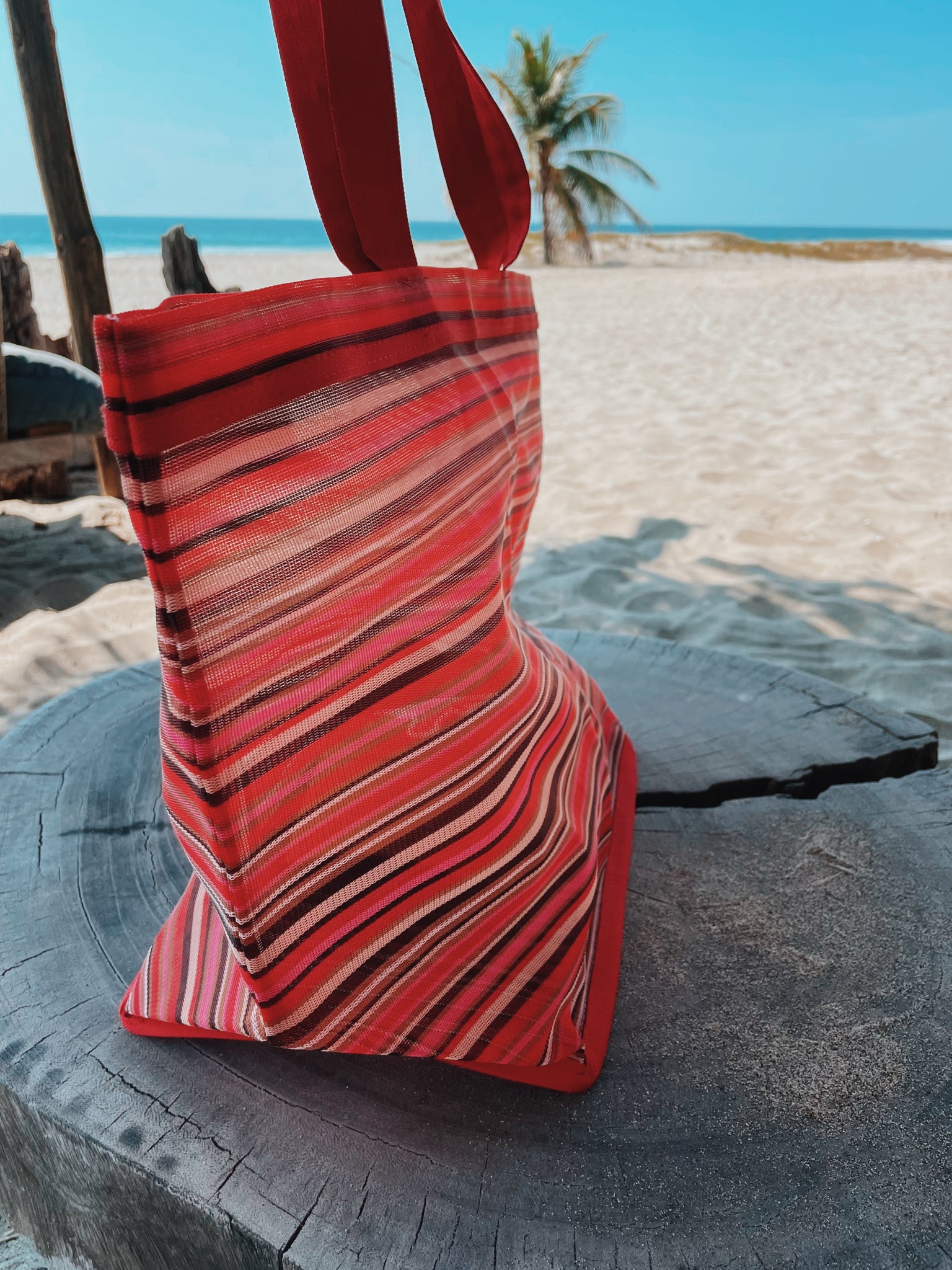 Beach Bag Fabric Strap Mexican Plastic Tote Beach Bag 20 x 15 in