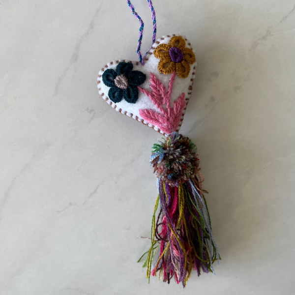 Small Embroidered flowers tassel | heart charm | Christmas Tree Ornament