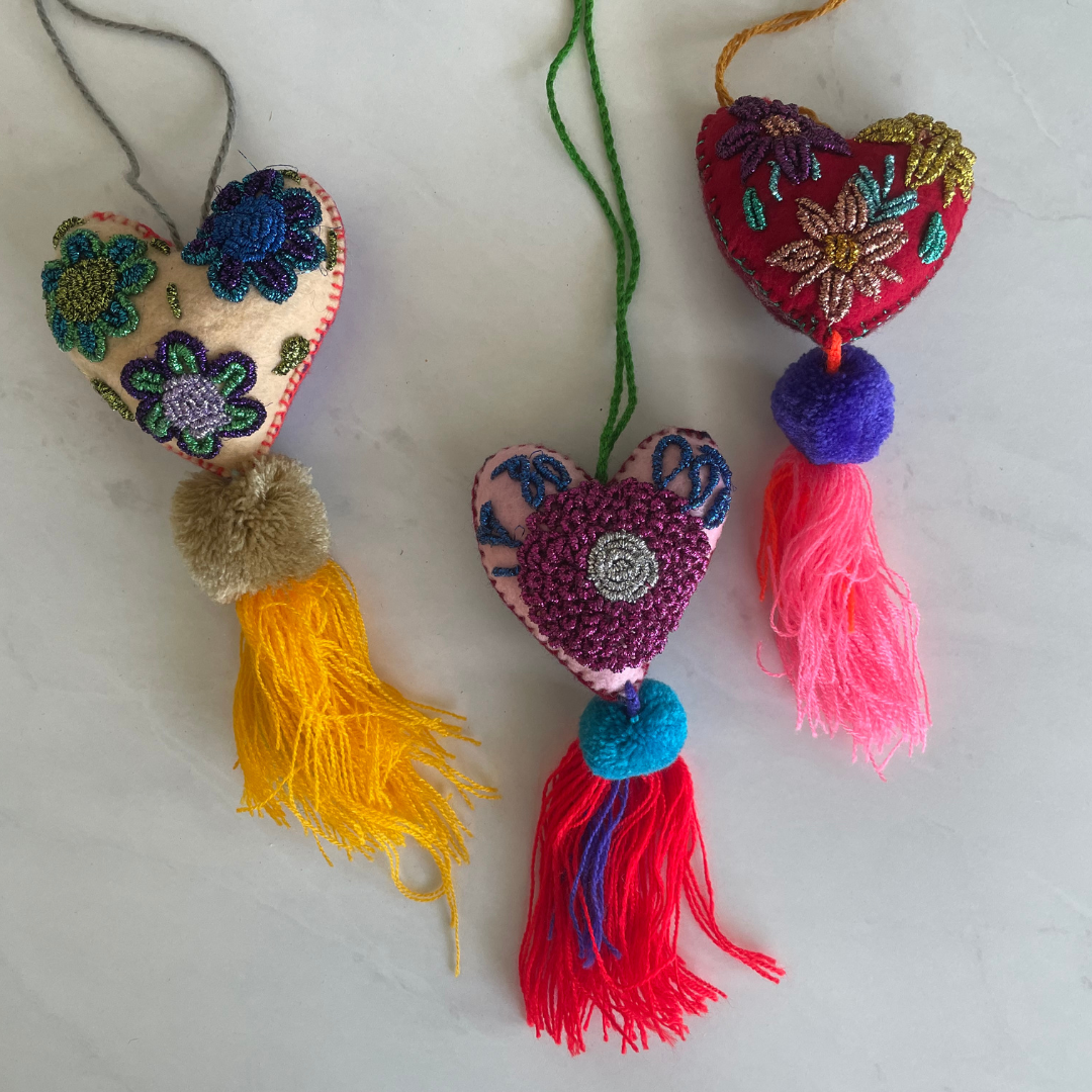 Large Embroidered flowers tassel | heart charm | glitter tassel | mexican pom pom