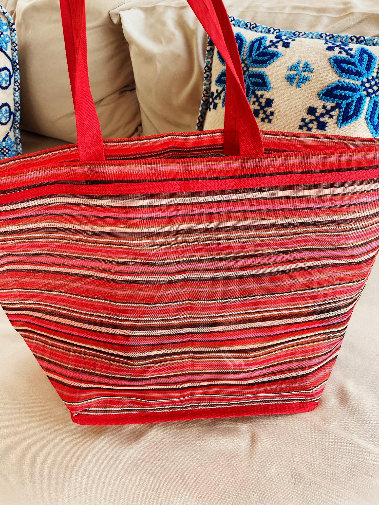 Beach Bag Fabric Strap Mexican Plastic Tote Beach Bag 20 x 15 in