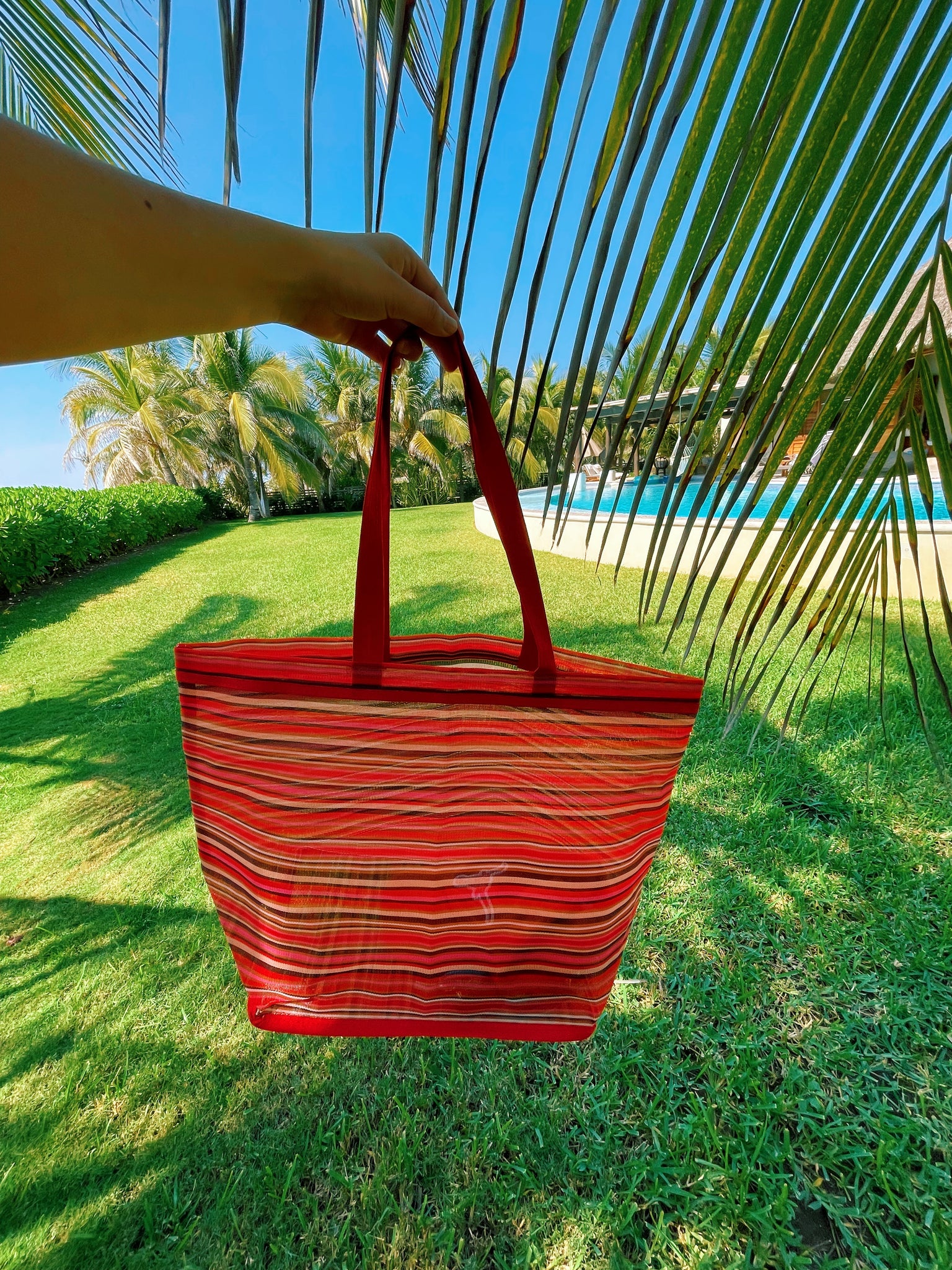 Beach Bag Fabric Strap Mexican Plastic Tote Beach Bag 20 x 15 in