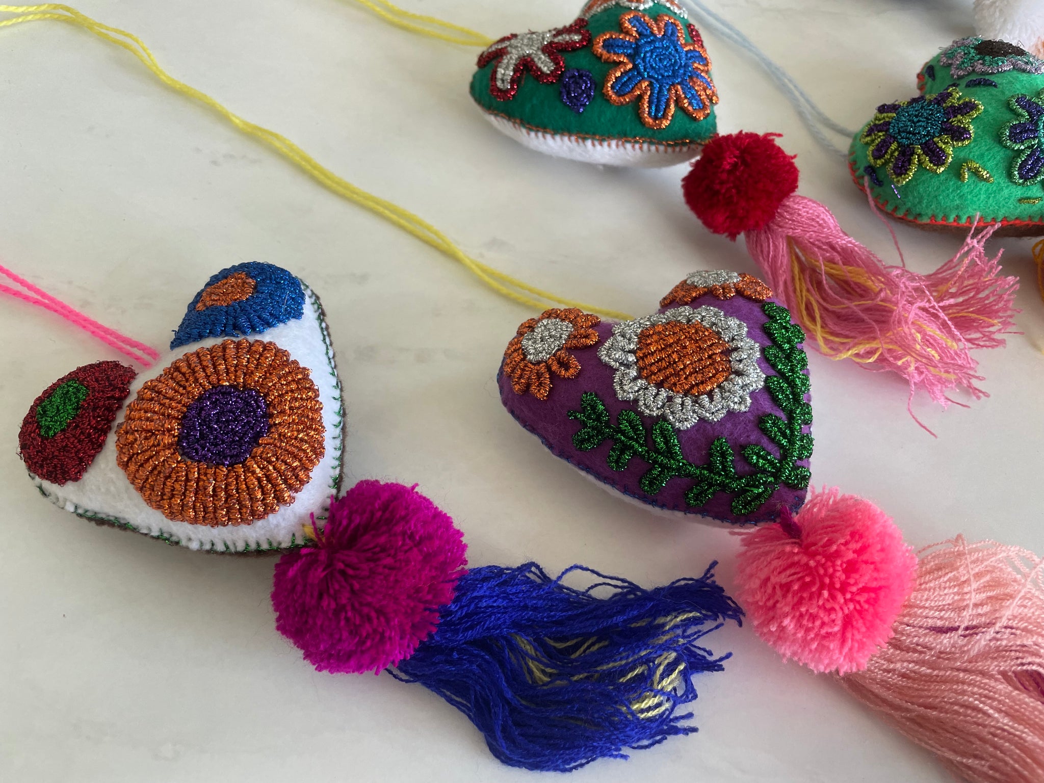 Large Embroidered flowers tassel | heart charm | glitter tassel | mexican pom pom