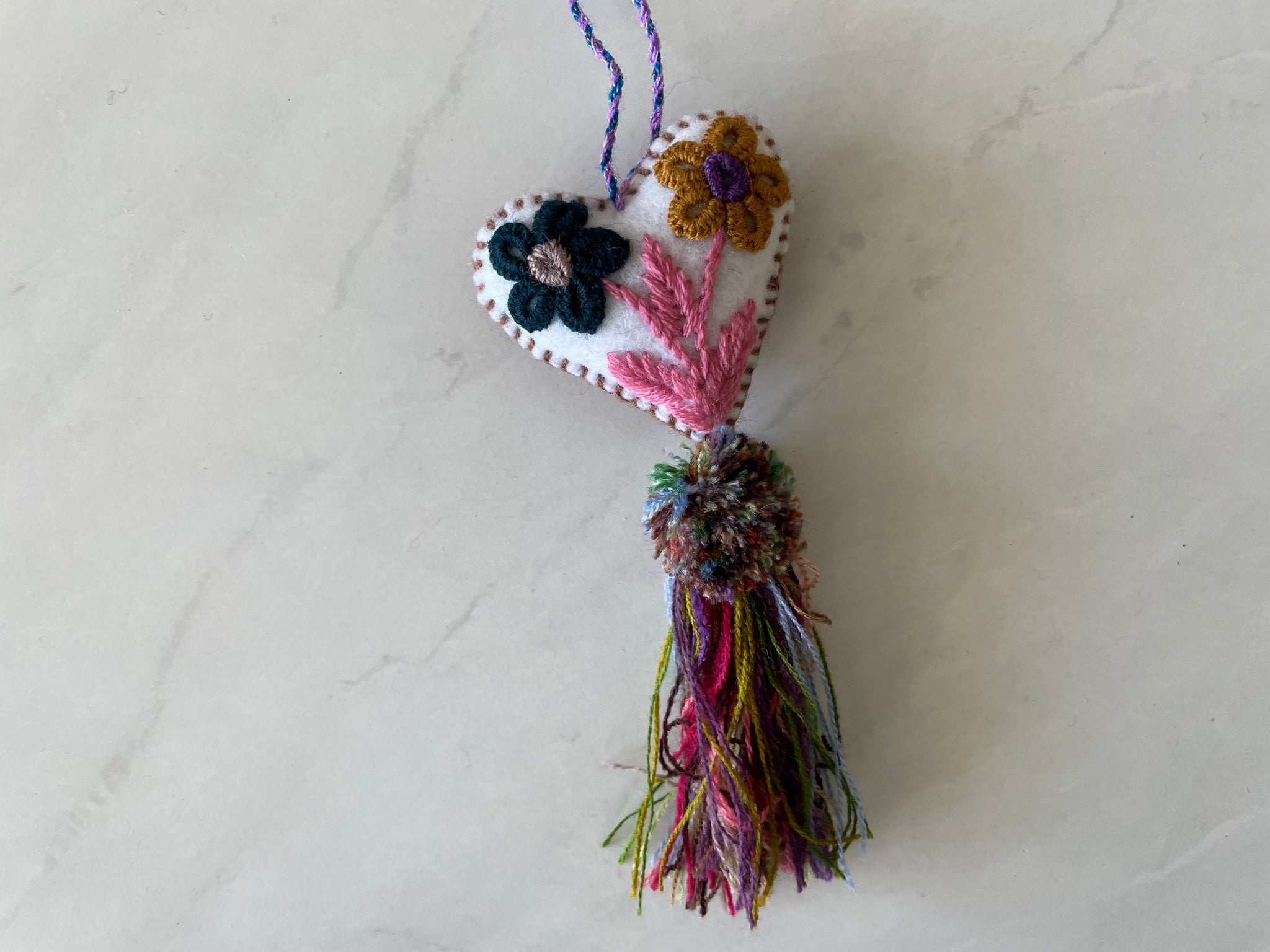 Small Embroidered flowers tassel | heart charm | Christmas Tree Ornament