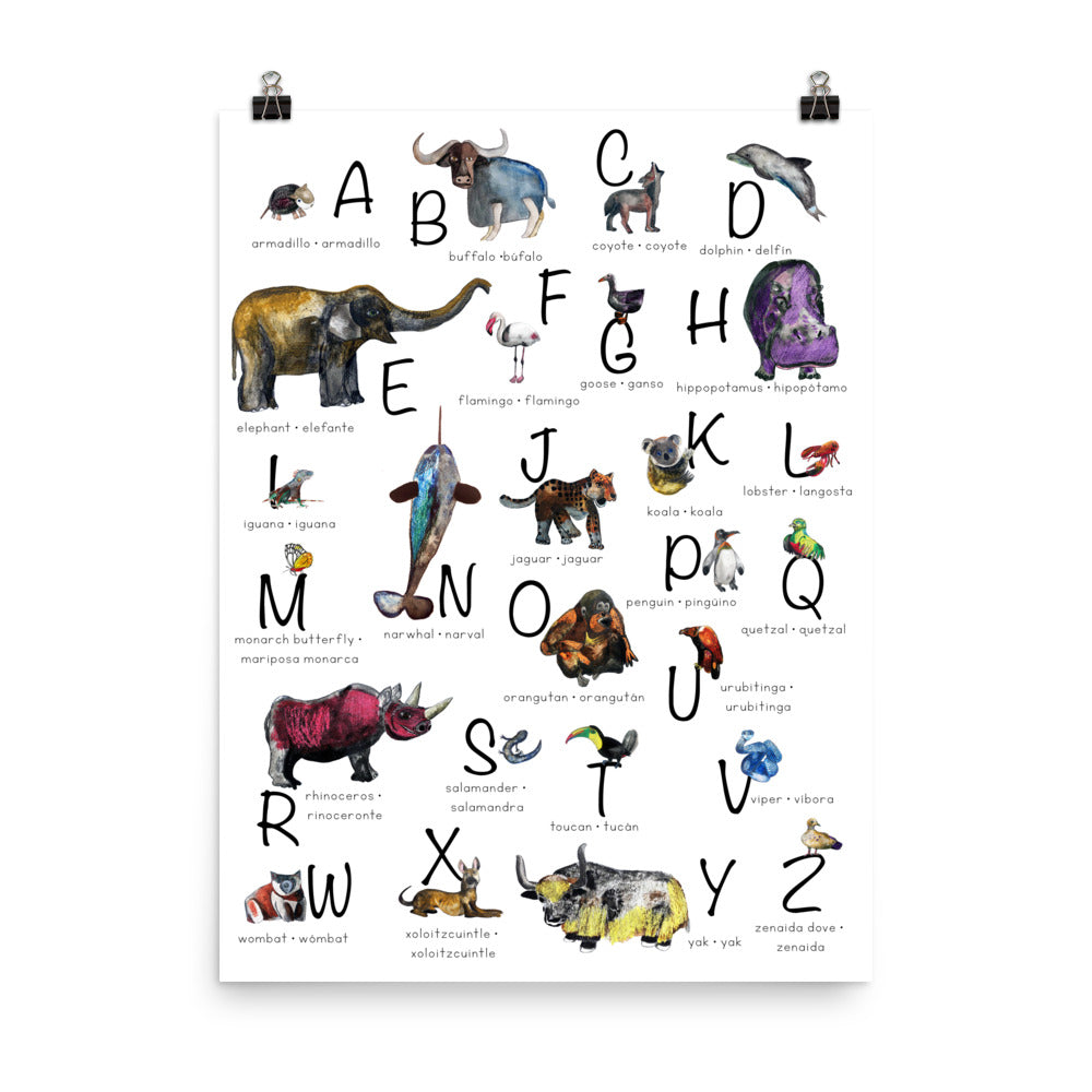 Bilingual English Spanish Animal Alphabet Nursery Art Print